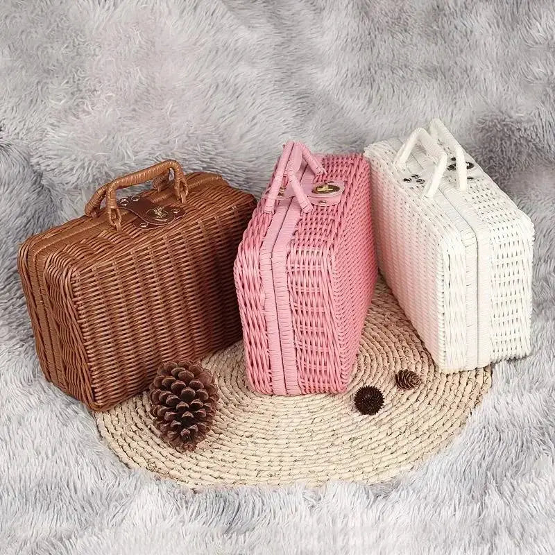 Rattan-style woven storage boxes set of three in brown, pink and white with handles