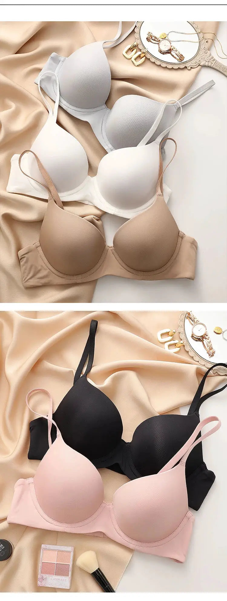Plus-size cotton seamless push-up bras set by Simples Market, 4-pack in white, beige, black and pink