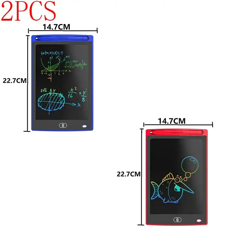 2-piece drawing tablet LCD writing board set in blue and red, 14.7x22.7 cm, Simples Market.