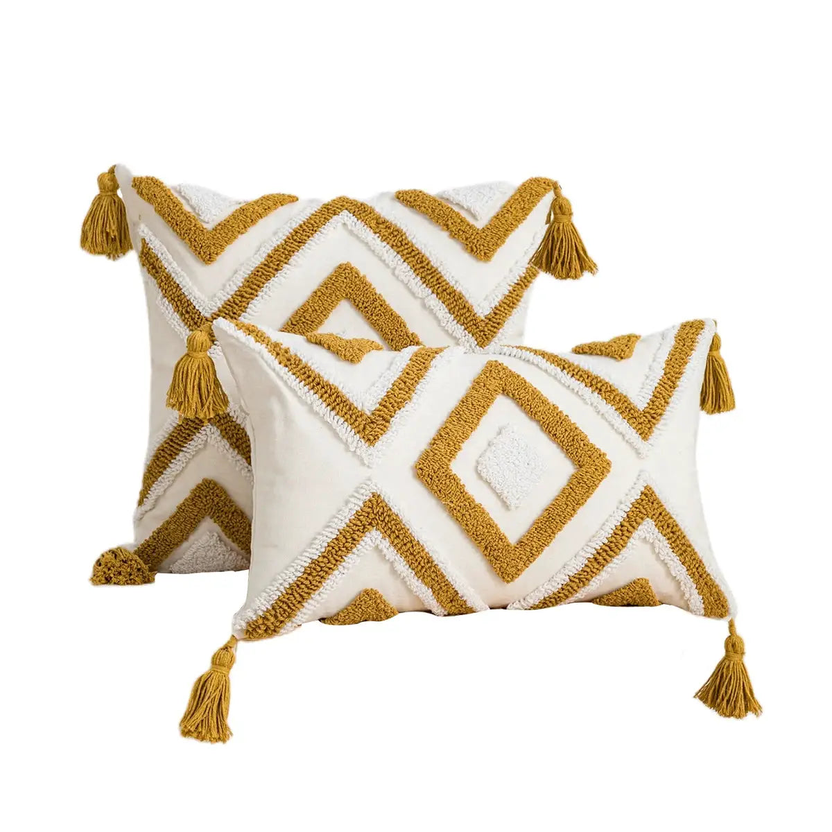 2 boho pillow covers with yellow geometric diamond pattern on cotton sail fabric and tassels