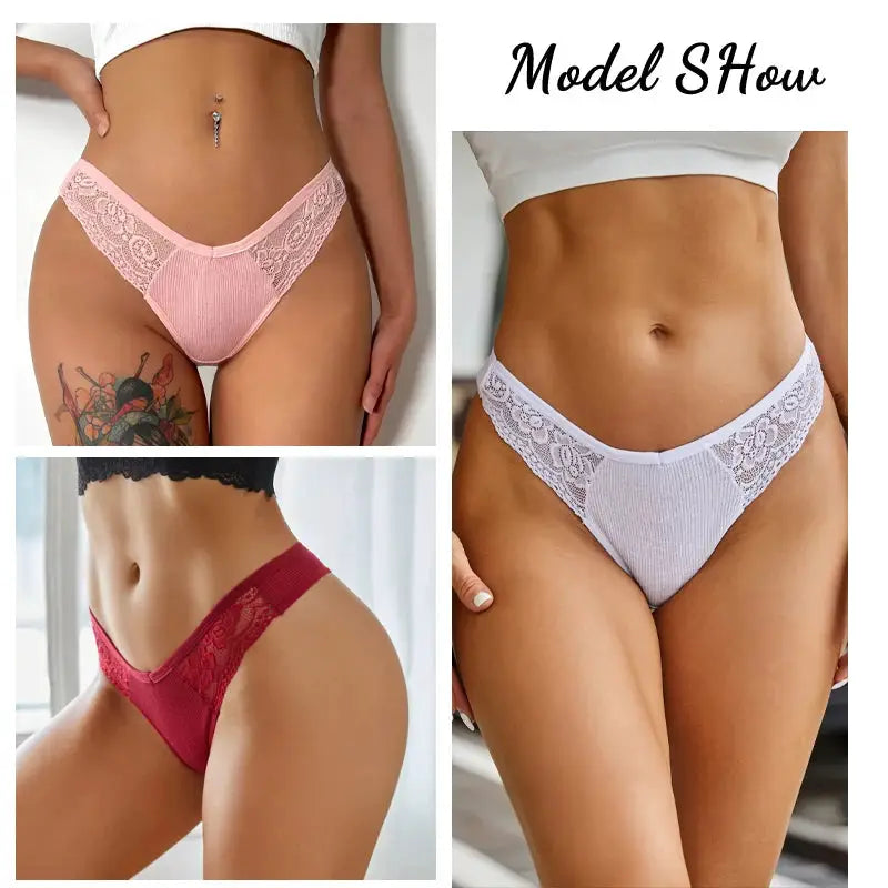 Simples Market 4pc women's cotton lace V-waist panties set in assorted colors, breathable lingerie