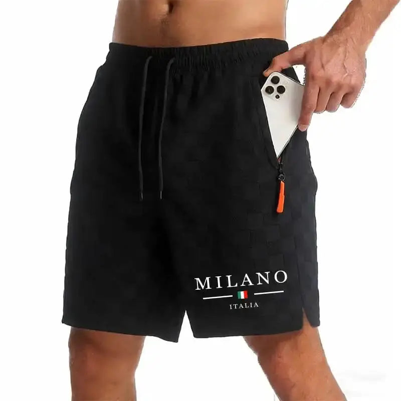Men's black shorts with zip pocket and drawstring waist, Milano Italia logo.
