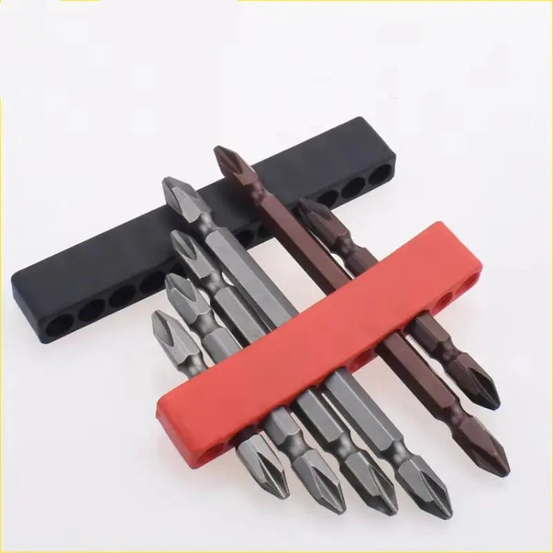 Simples Market 4-piece bit holder set with 10-hole 1/4 in storage, red and black plastic sleeves, hex-shank bits