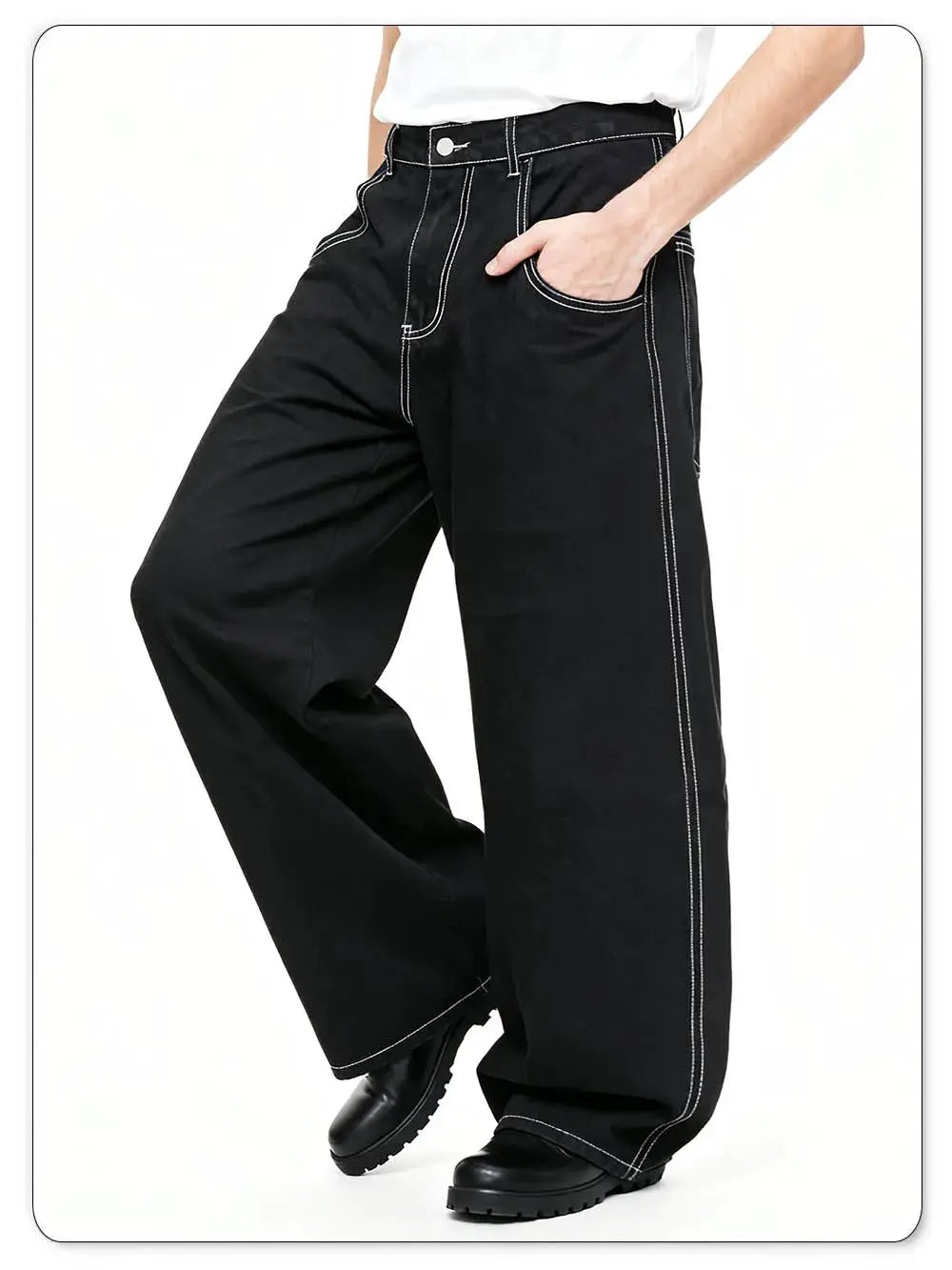 Simples Market black baggy wide-leg denim jeans with white contrast stitching, unisex casual pants