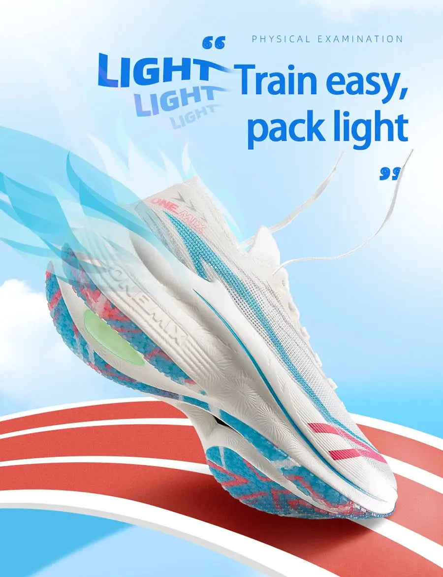 ONEMIX marathon carbon-plate running shoes for men, white with blue accents, Simples Market