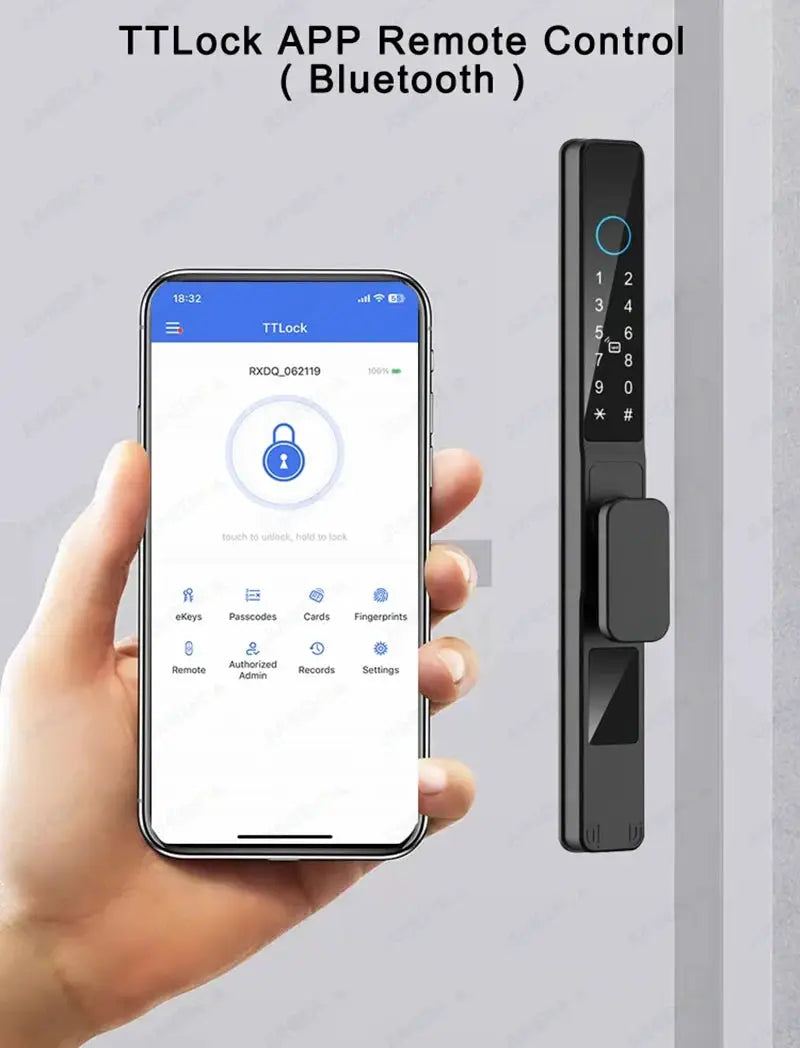 Simples Market waterproof sliding door smart lock with keypad, shown beside a smartphone running TTLock app.
