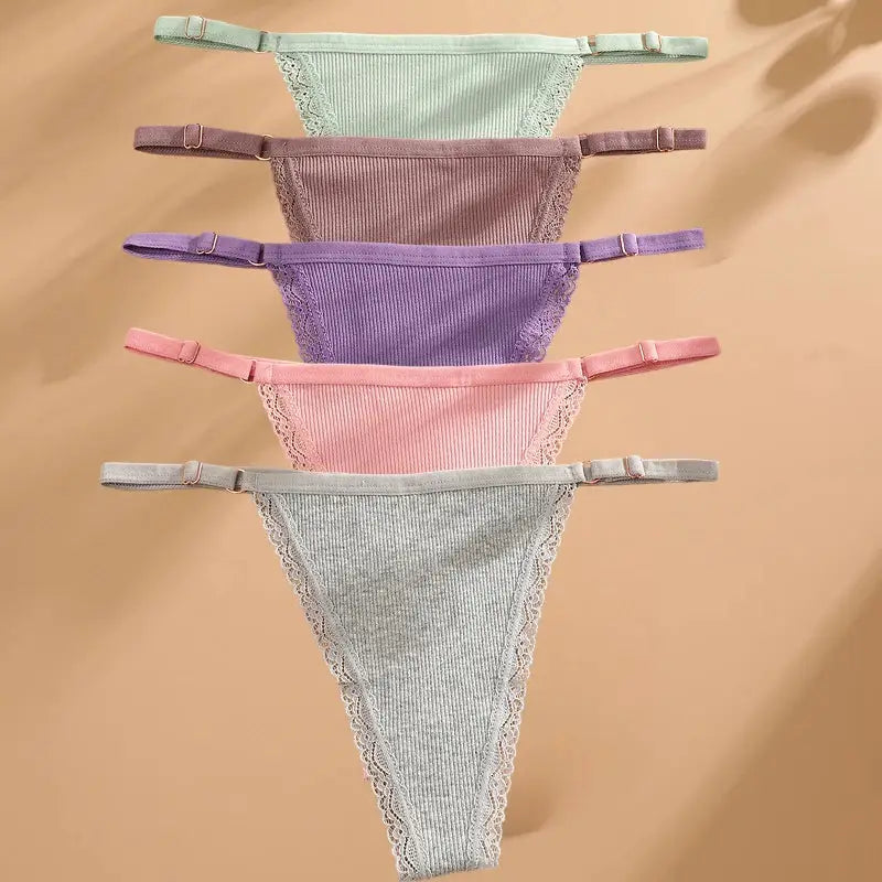 FINETOO 5-piece cotton g-string panties set in pastel colors with lace trim and adjustable side straps