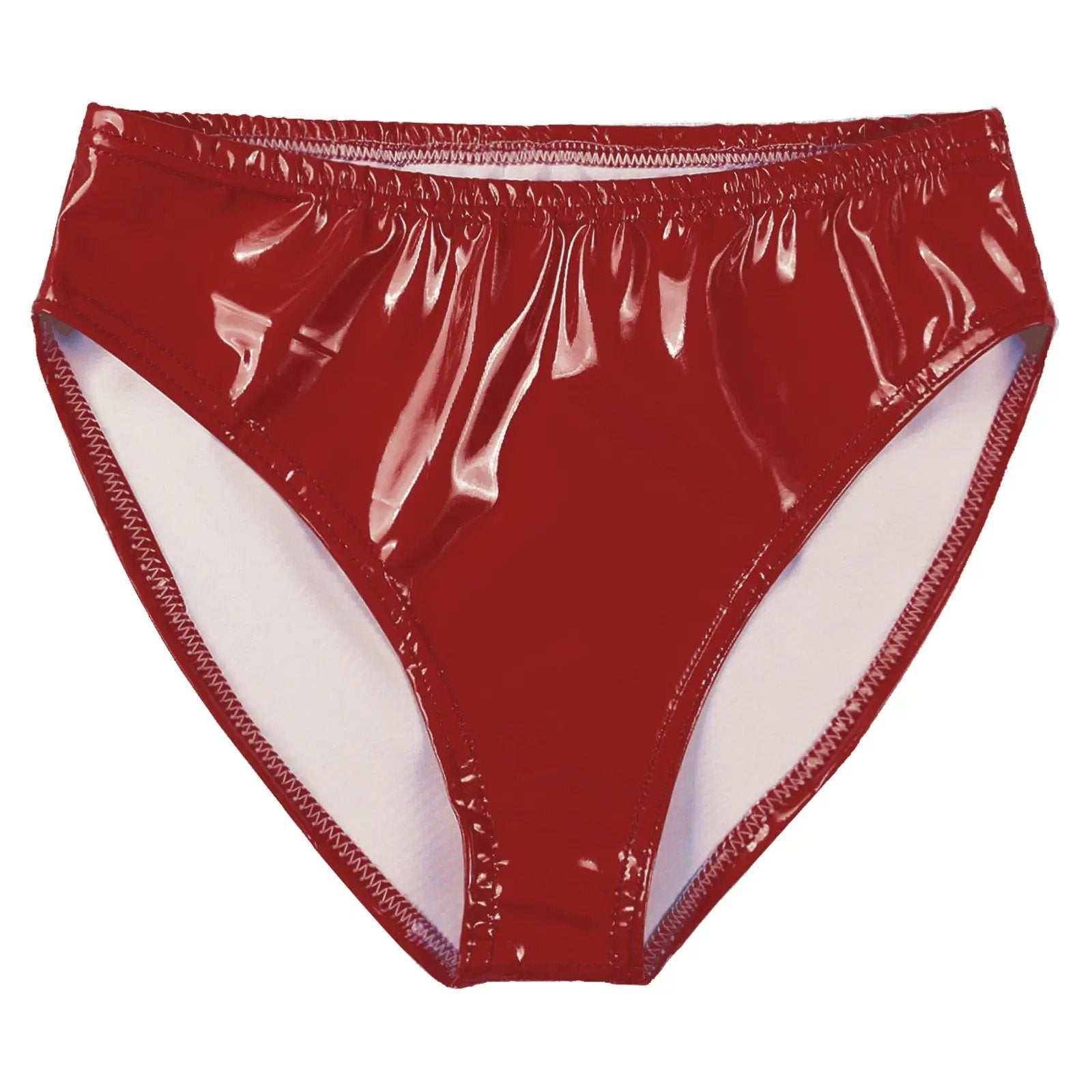 Red patent leather women’s hot pants briefs with high-cut legs and glossy wet-look finish.