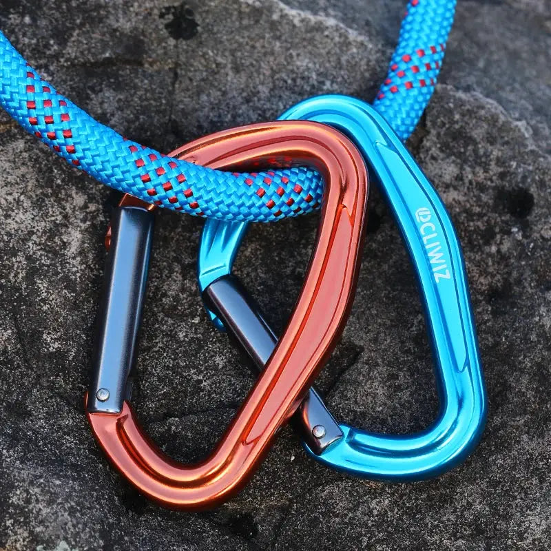 Climbing carabiner pair: CLIWIZ SGM7118 aluminum blue and orange with curved D and straight gates