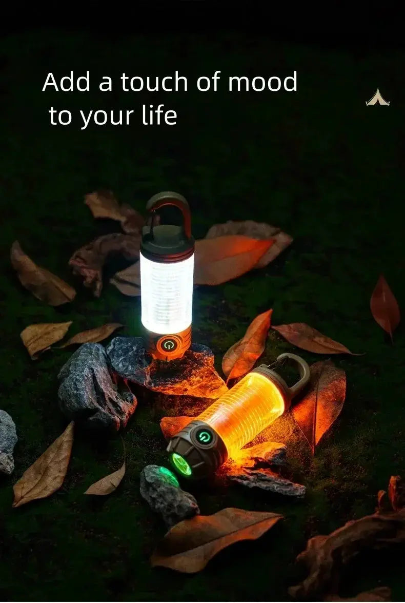 Simples Market two outdoor LED camping lights; rechargeable flashlights, orange and white lanterns, waterproof