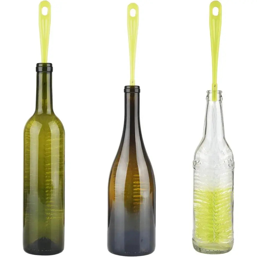 16-inch bottle brush cleaner by Simples Market; 3-pack neon yellow brushes shown with green, brown, and clear bottles.