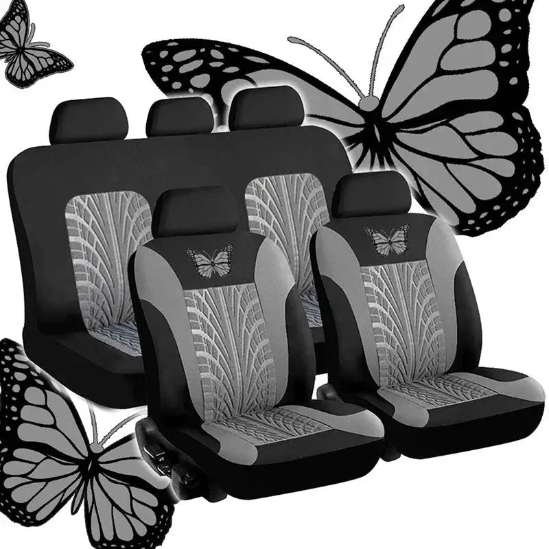 Car seat cover full set by Simples Market, butterfly-embroidered gray/black, universal 5-piece for front and rear seats