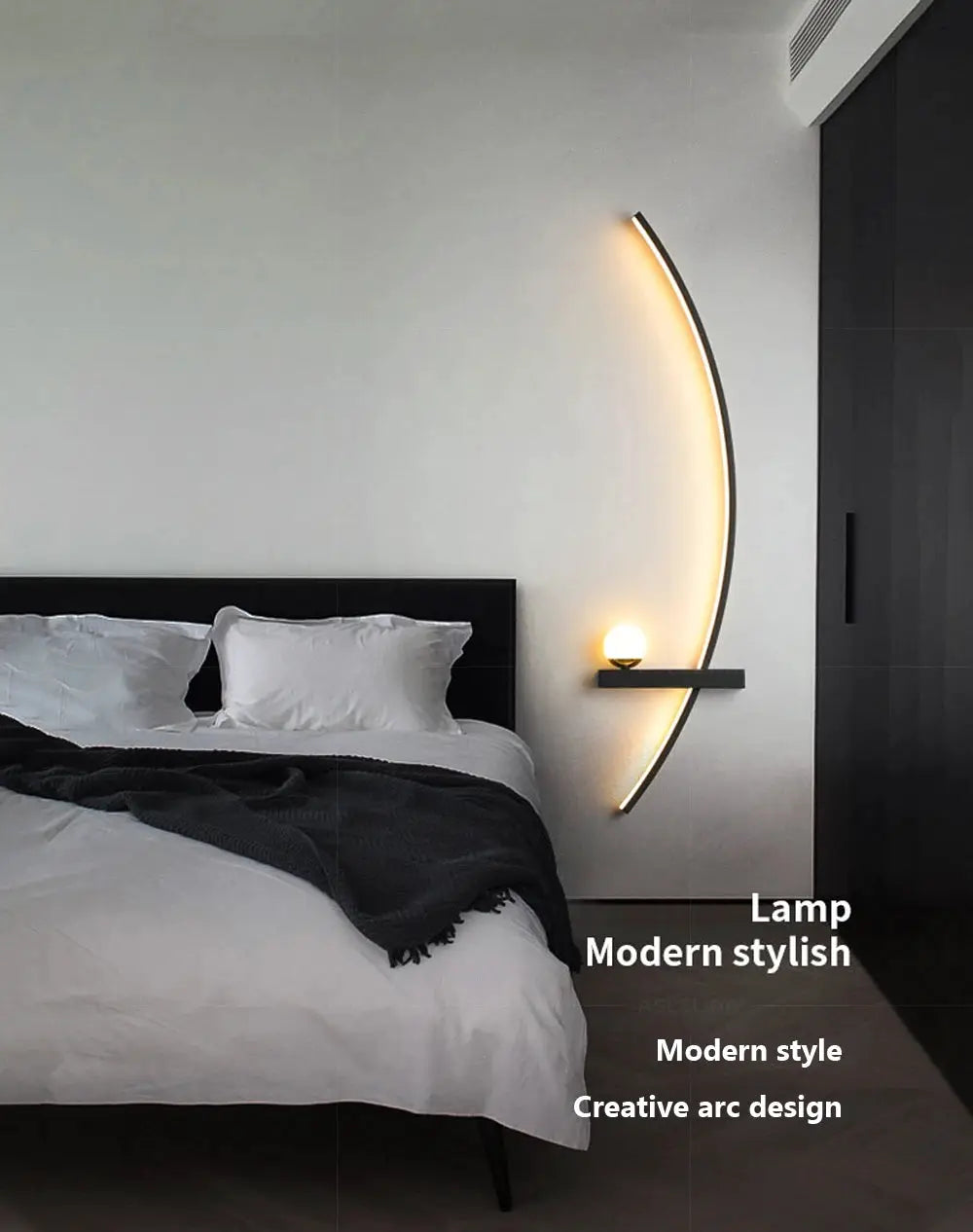LED Wall Lamp curved black arc design with warm glow, 55/105 cm for modern bedroom and living spaces
