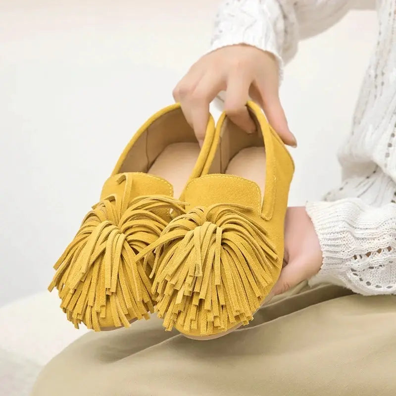 AIYUQI Women Genuine Leather Tassel Loafers Mary Jane Flat Shoes