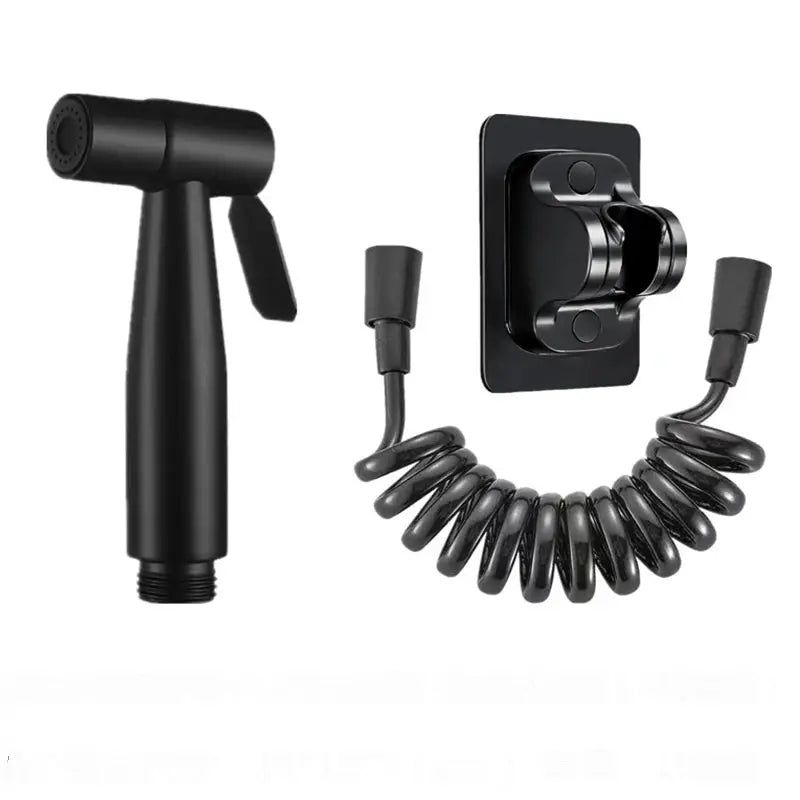 Black handheld bidet sprayer set with coiled hose and wall-mount bracket (3-piece)
