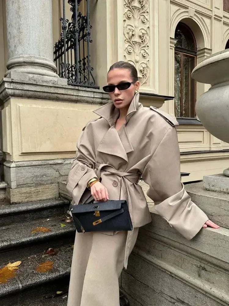 Lace Up Trench Coat For Women Waist Cinching Windproof Autumn Office Ready Outerwear