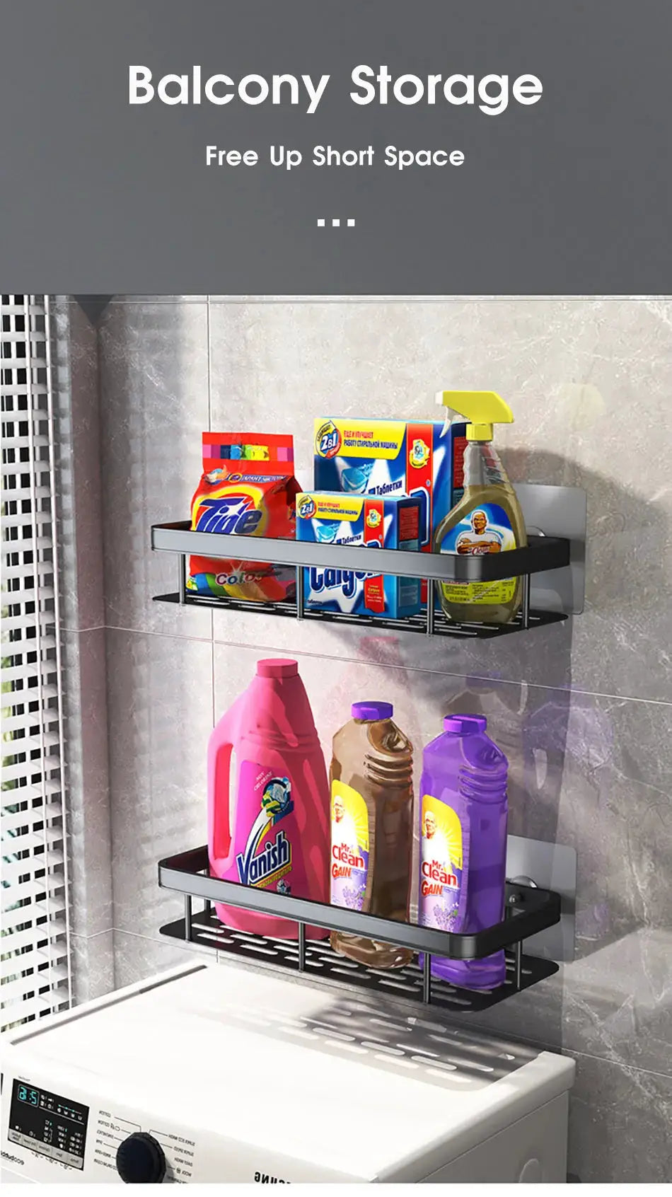 Simples Market no-drill wall-mounted bathroom corner storage rack, two-tier metal shelf for shampoo and cleaners.