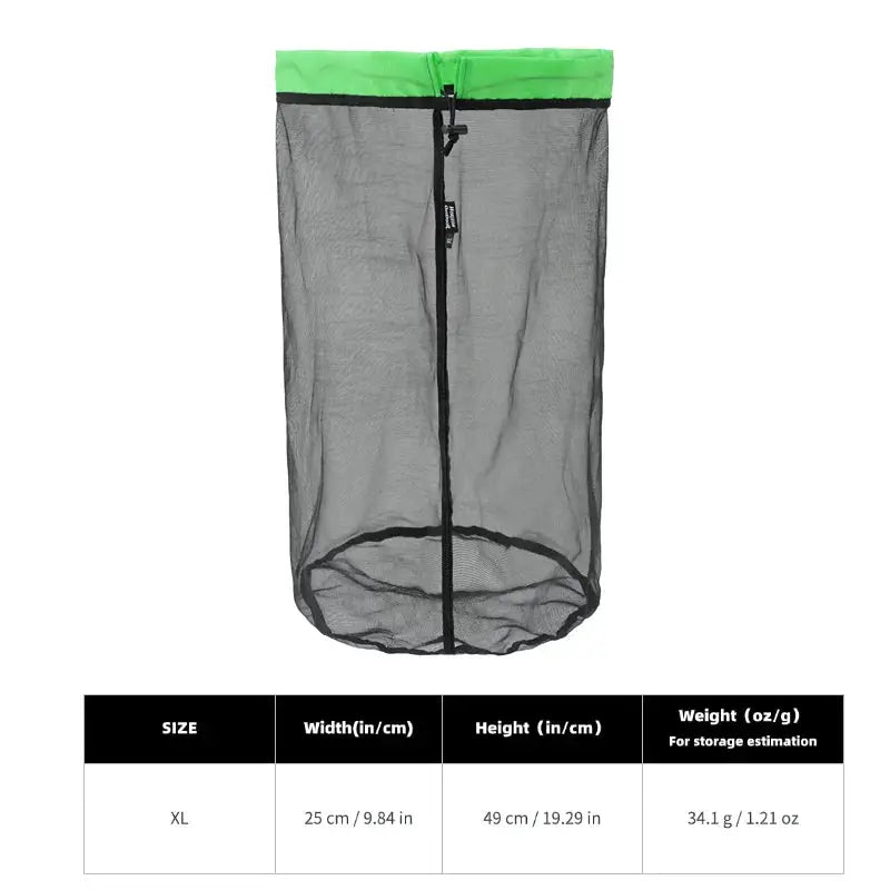 HODR mesh stuff sack; lightweight gray mesh with green top and drawstring closure for camping and hiking gear