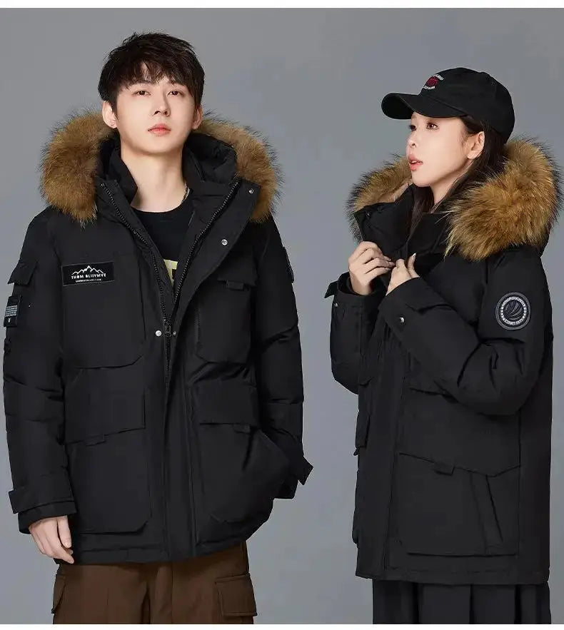 Simples Market men's black hooded fur-trim duck-down parka, waterproof, shown on two models