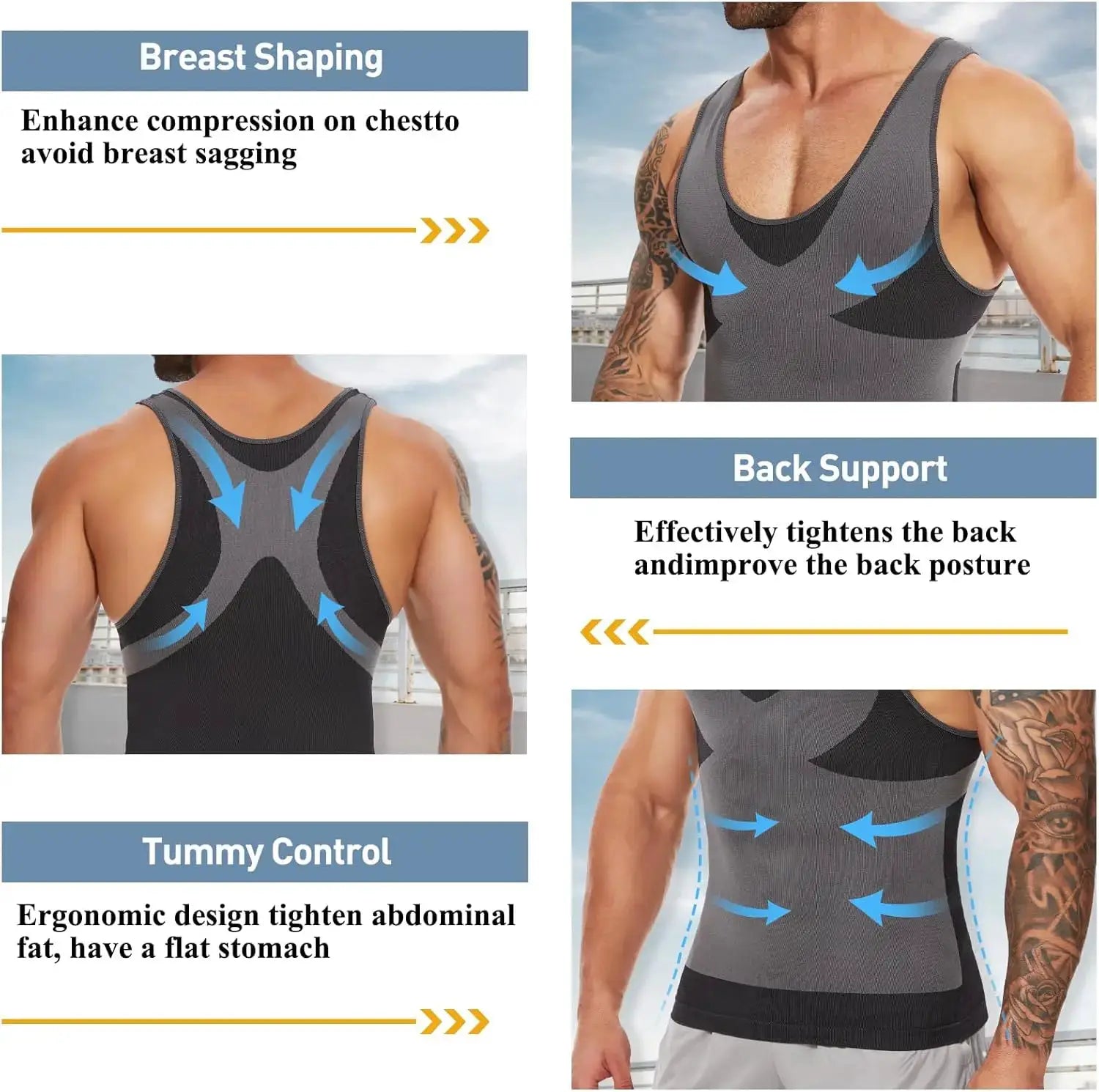 Simples Market men's compression tank top shapewear in gray/black with back support and tummy control.