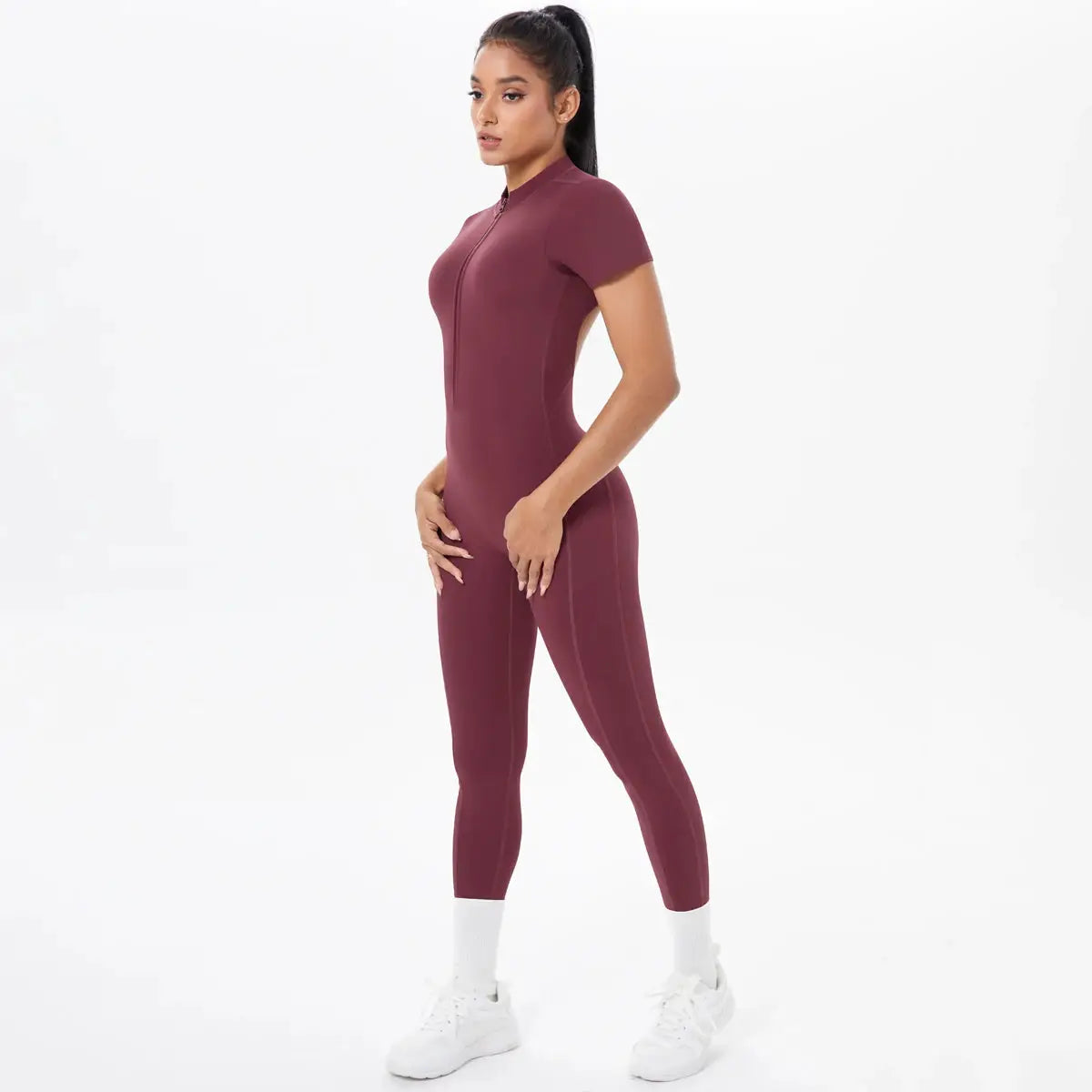 Women's burgundy short-sleeve fitness jumpsuit with front half-zip, one-piece bodysuit