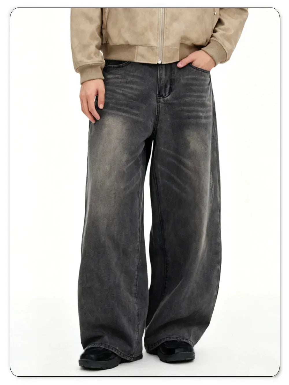 Men's American retro gray baggy wide-leg denim jeans by Simples Market
