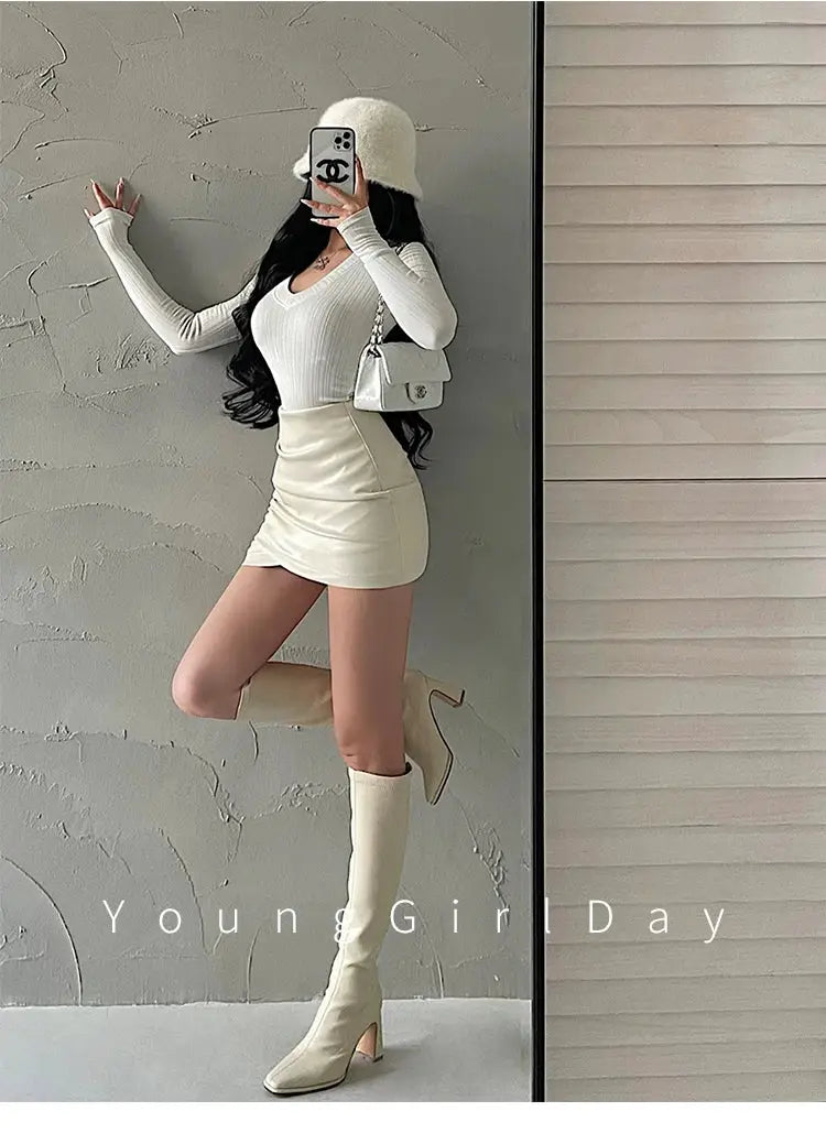 WOMENGAGA PU leather mini skirt, white, high-waisted A-line fit
