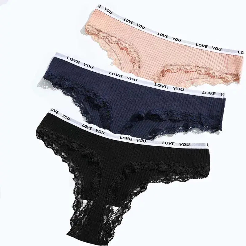 Simples Market lace thong underwear 3-pack, low-waist with lace trim in nude, navy, and black; white LOVE YOU waistband