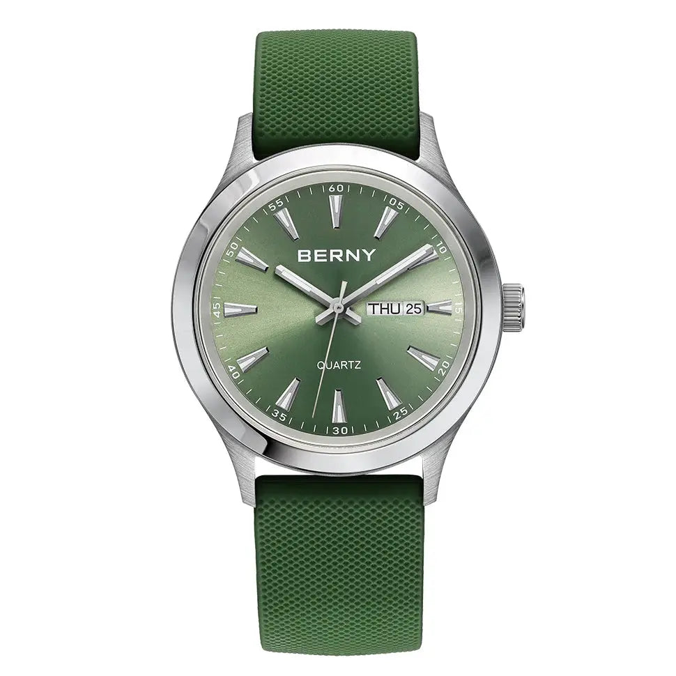 BERNY men's quartz wristwatch with green dial and green silicone strap, stainless steel case, day-date window.