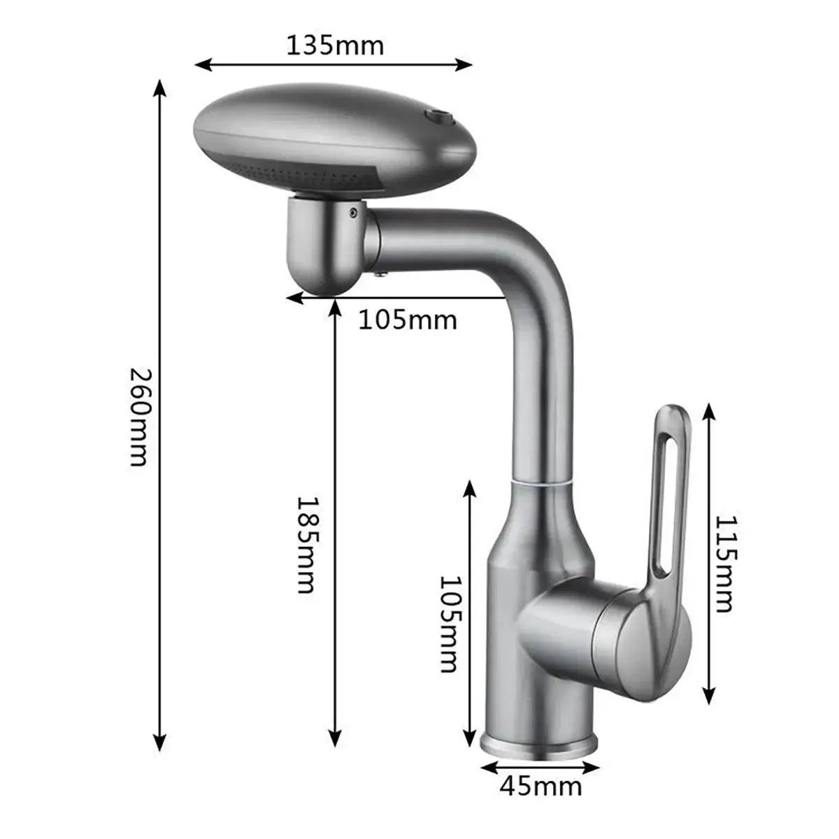 Multi-functional waterfall basin faucet with 360° rotating spout, four spray modes, brushed stainless finish, single-lever mixer