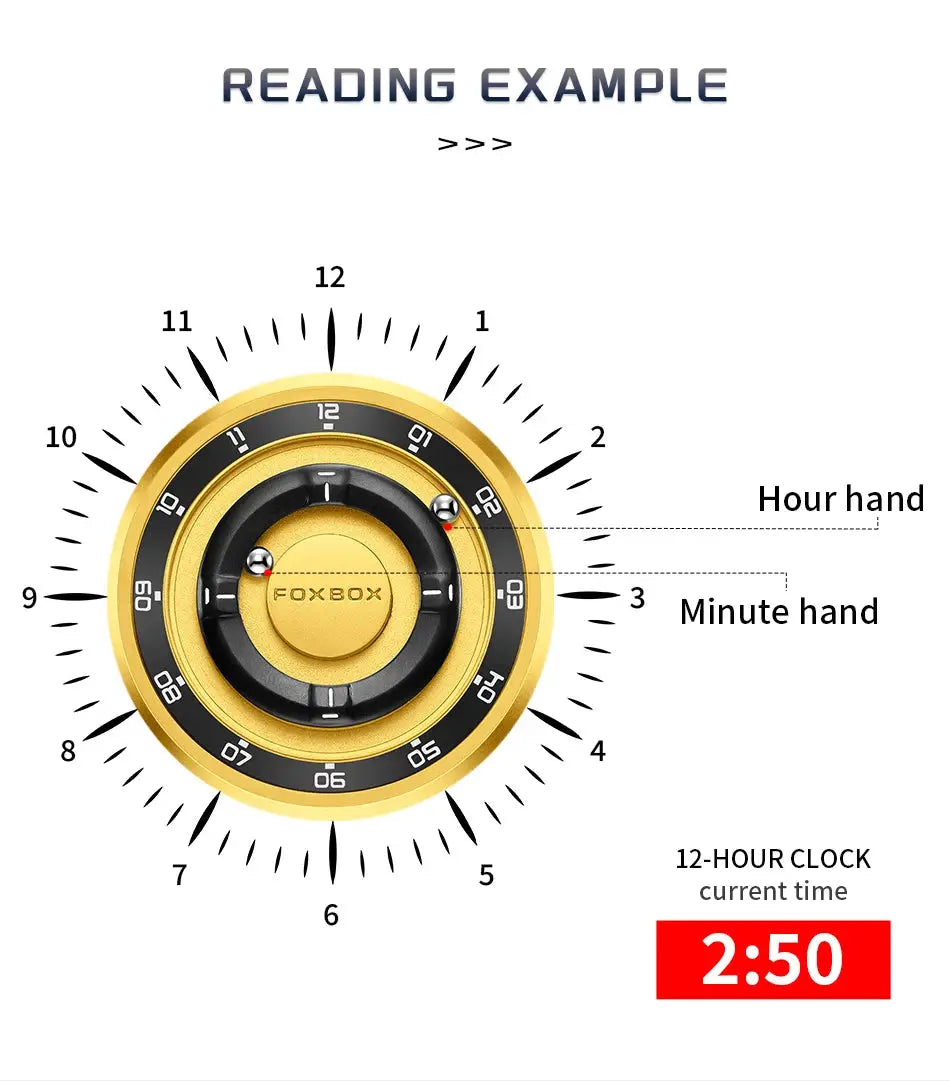 FOXBOX watch with gold-tone bezel, black dial, floating magnetic pointer and ball bearing, waterproof quartz