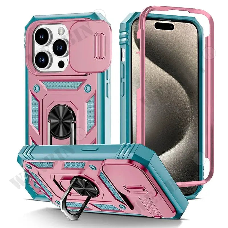Case for iPhone by Simples Market, pink-teal heavy-duty rugged cover with 360° kickstand and camera protection