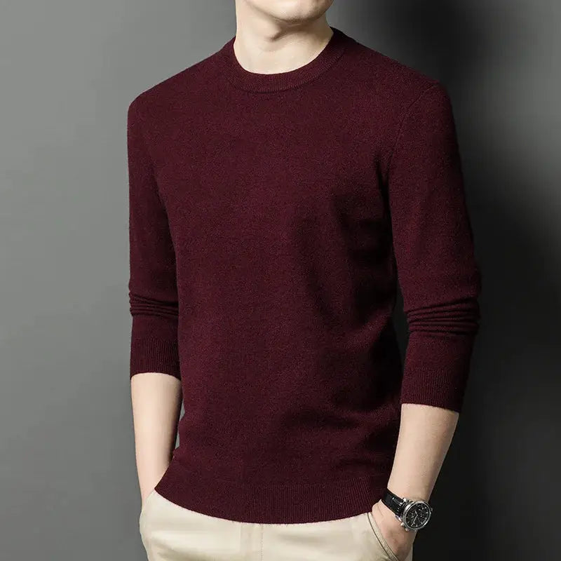 Men's burgundy knitted sweater with round neck and long sleeves