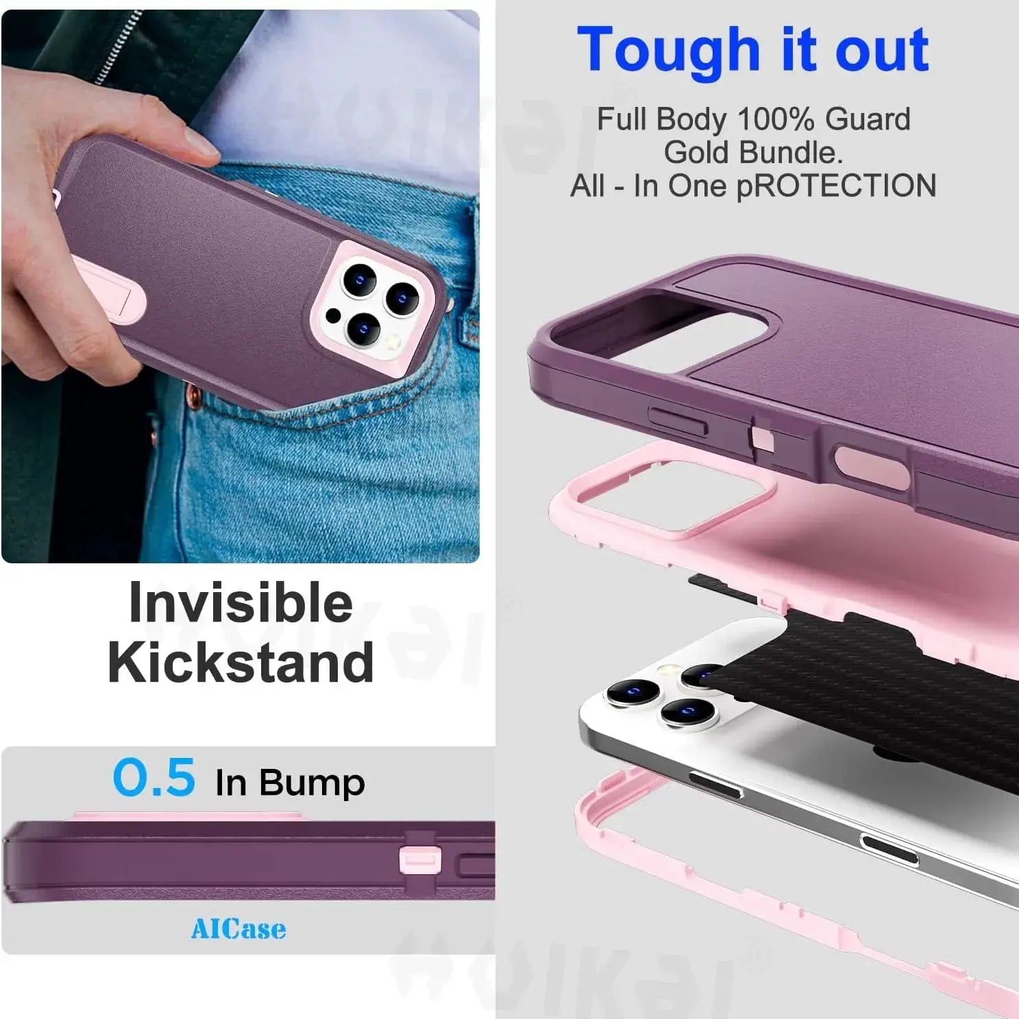 AICase purple heavy-duty silicone iPhone case for 17 Pro Max with pink bumper and full-body protection