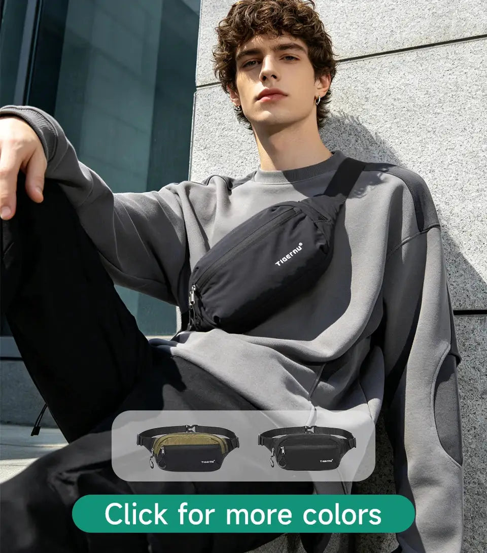 Tigernu crossbody bag for men in black; lightweight, splashproof, worn across the chest with two color options.