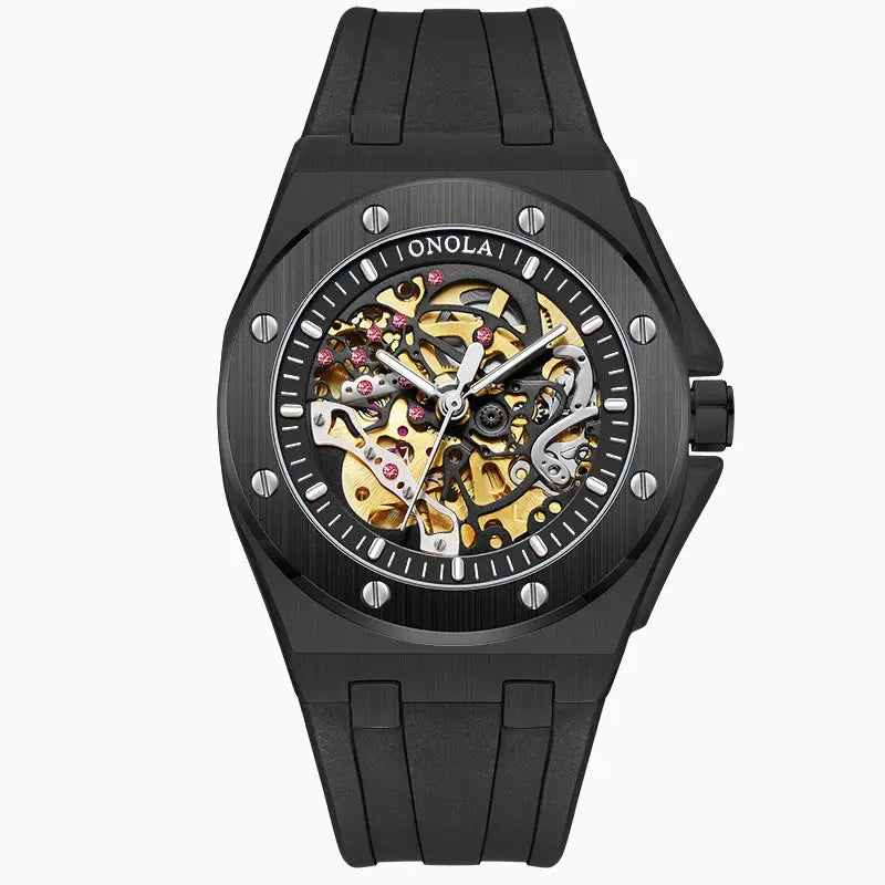 ONOLA skeleton automatic wristwatch with black case and strap, gold-tone exposed movement
