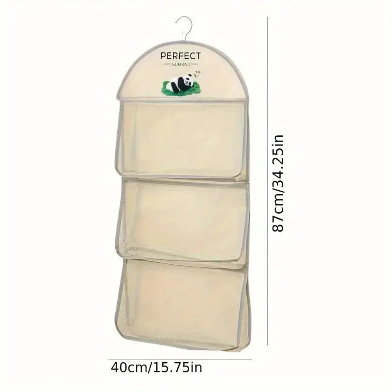 Three-tier hanging mesh storage organizer in beige fabric with three visible pockets
