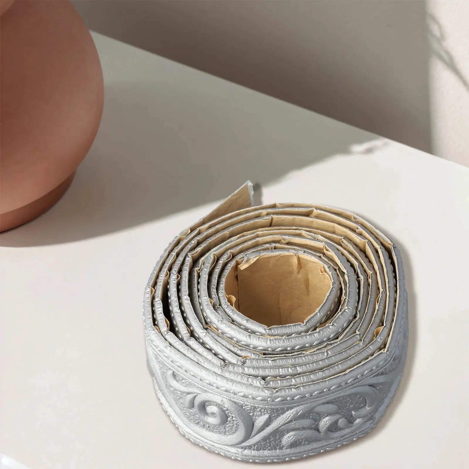 3D wall trim border roll, silver embossed scroll design, self-adhesive waterproof baseboard wallpaper