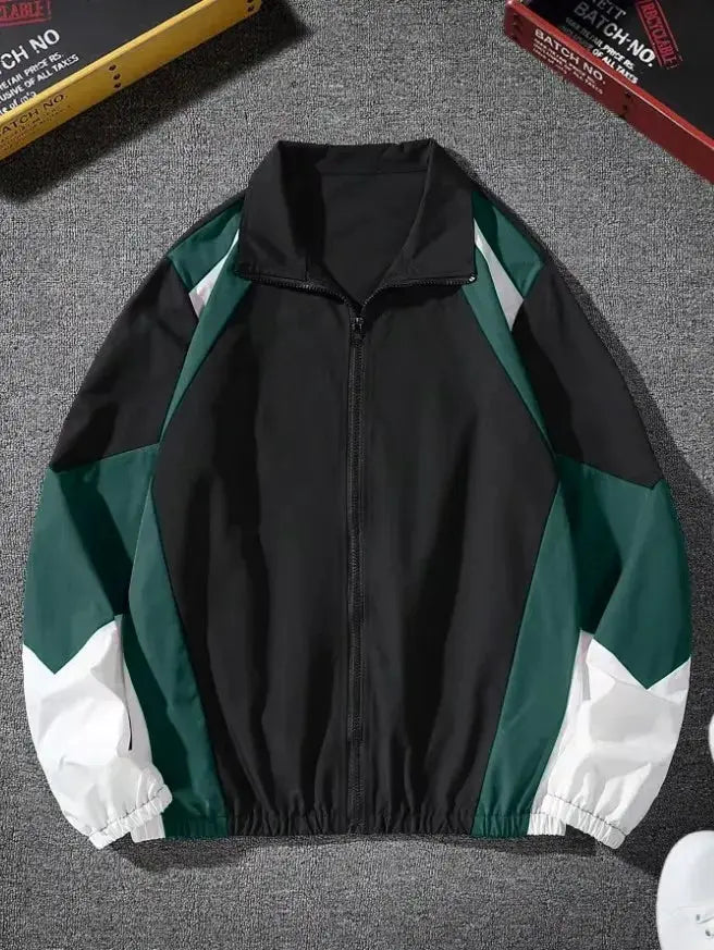 Men's lightweight color-block jacket by Simples Market, black with green/white panels, front zipper.