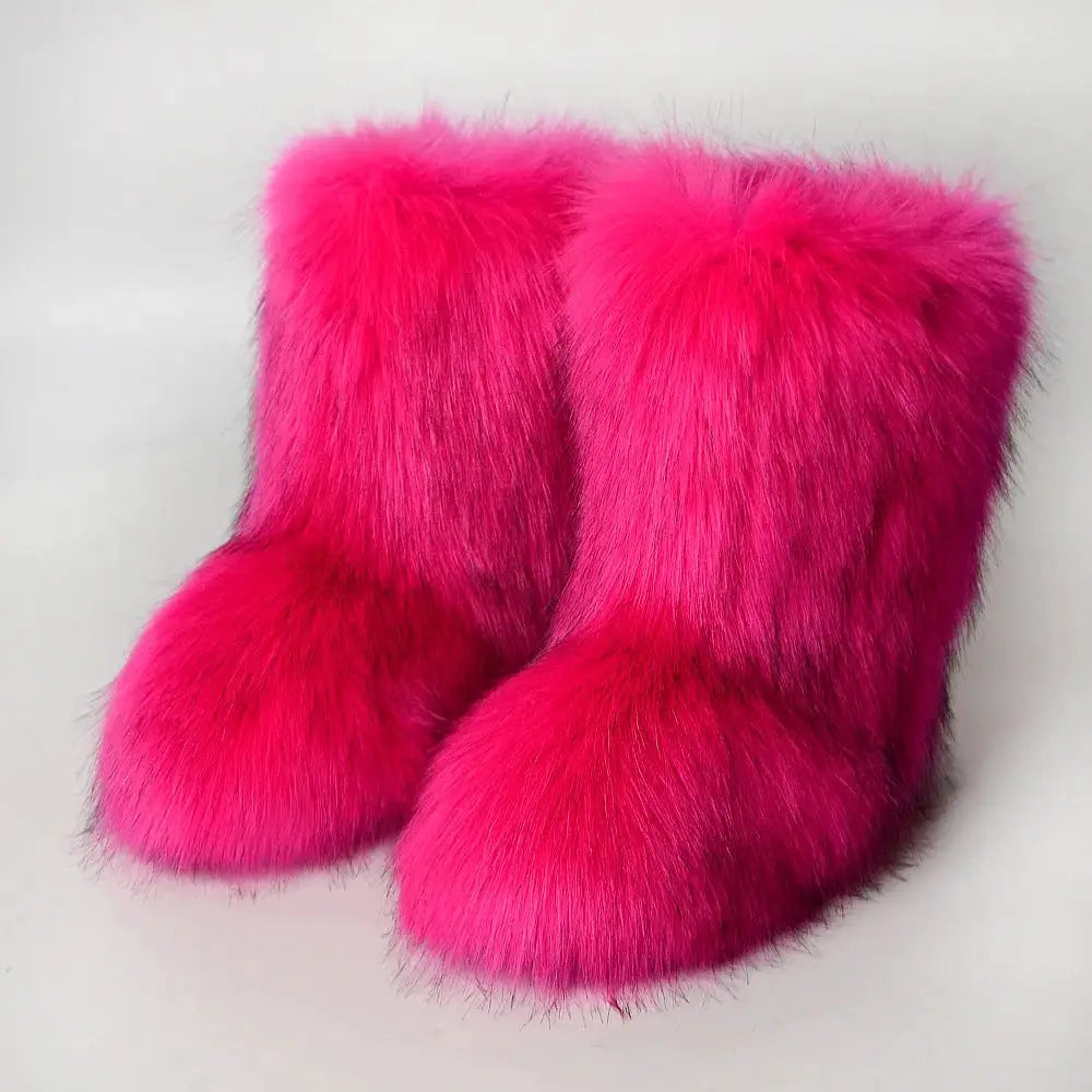 Women's Winter Snow Boots With Plush Faux Fox Fur Mid Calf Warm Platform Shoes For Cold Weather Outdoor