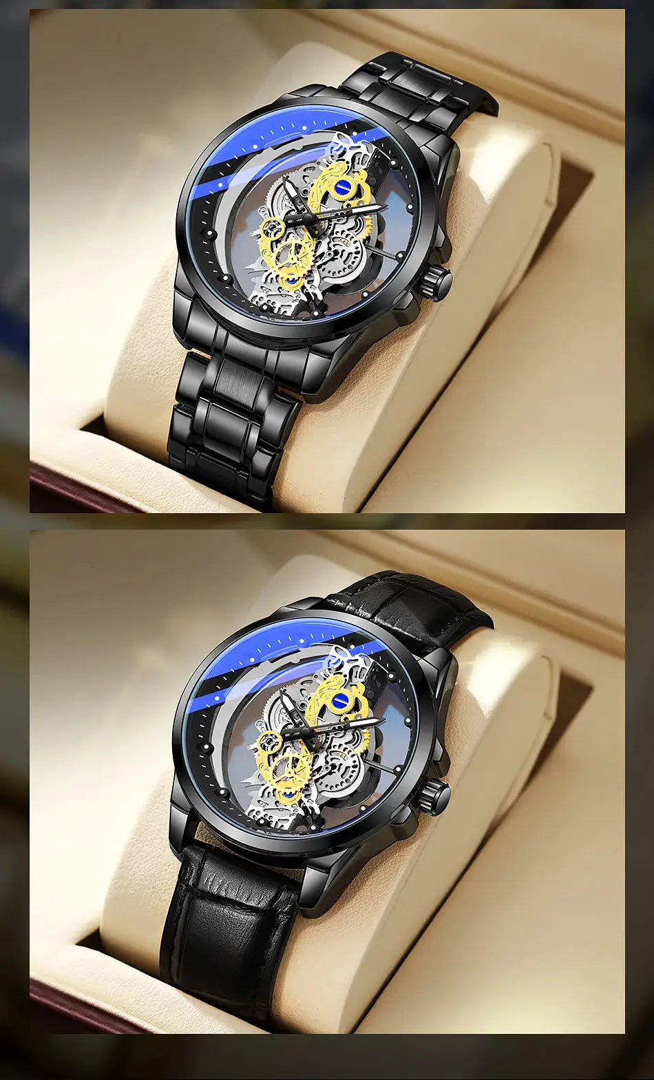 Wristwatches by Simples Market two men's skeleton automatic quartz watches with black bands and blue accents