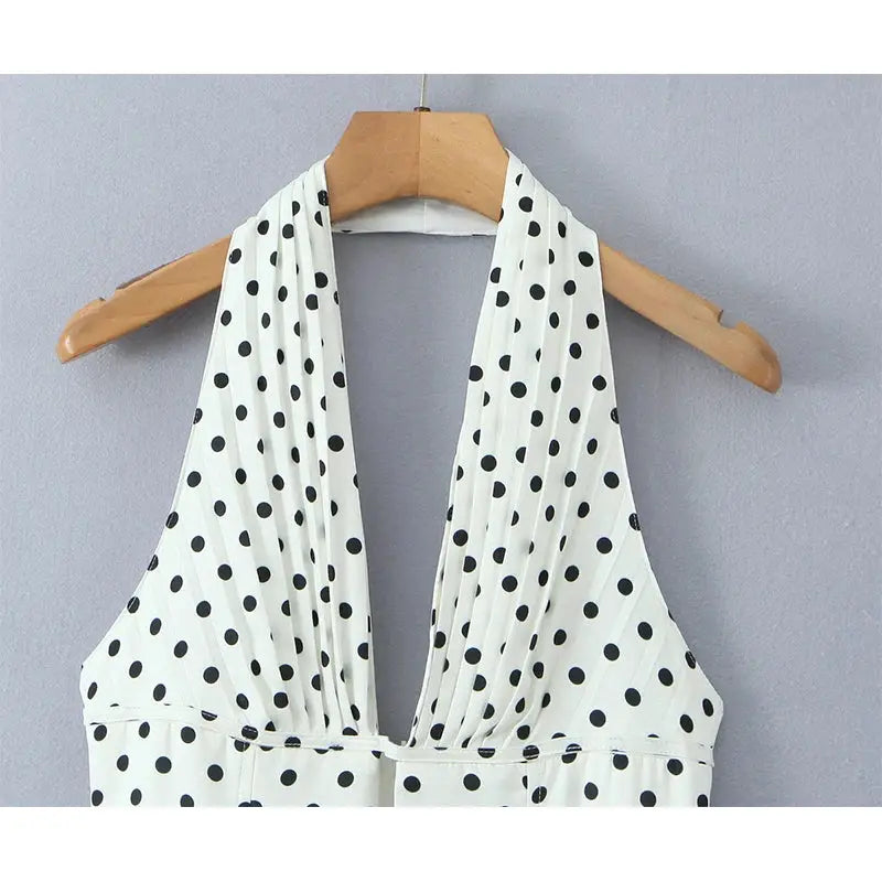 Yenkye French Style Retro Polka Dot Halter Dress Women Backless A Line