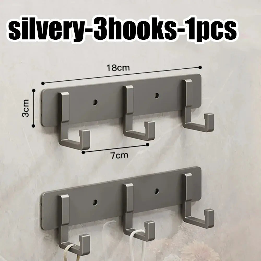Simples Market silver aluminum 3-hook wall rack pair, punch-free install for kitchen and bathroom organization