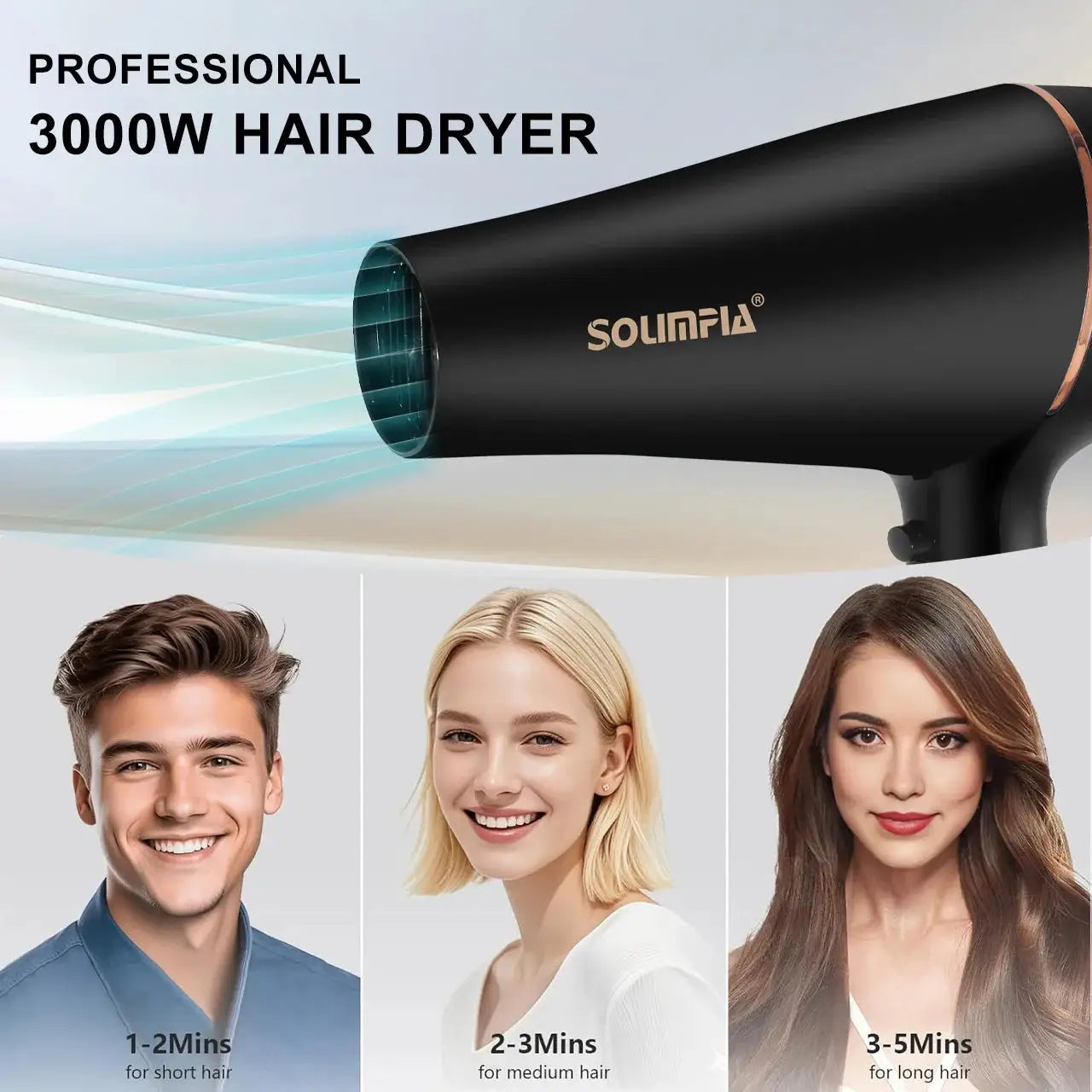 Simples Market 3000W professional hair dryer, black finish; shows three models for short, medium and long hair.