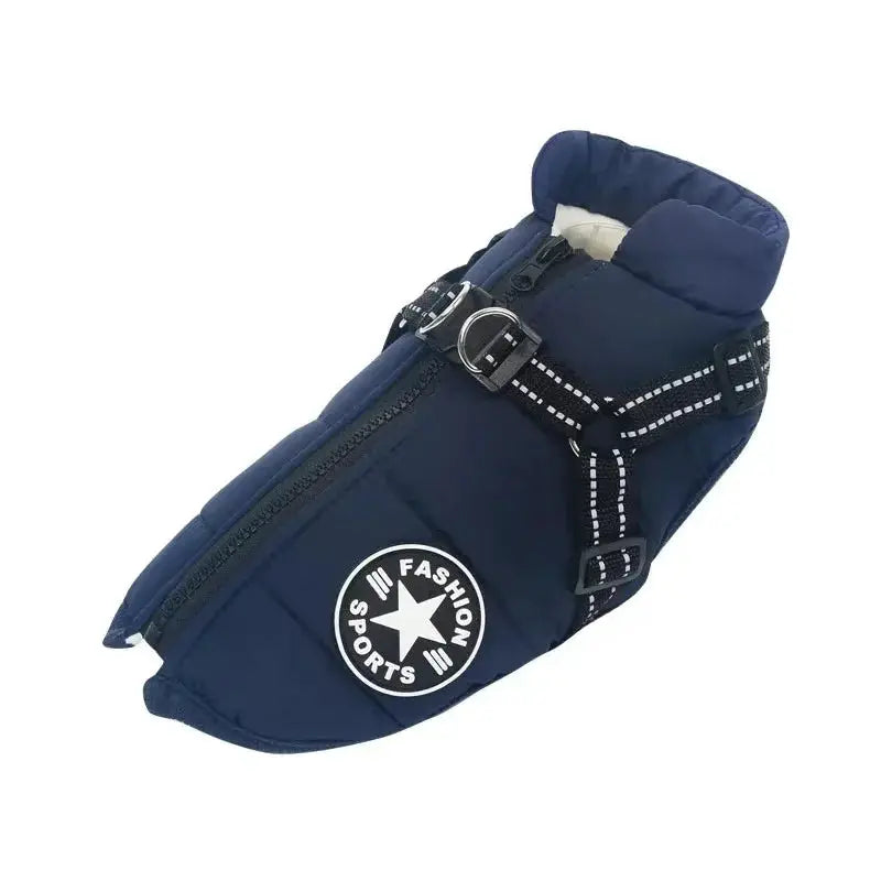 Simples Market large dog jacket with harness, navy waterproof winter coat