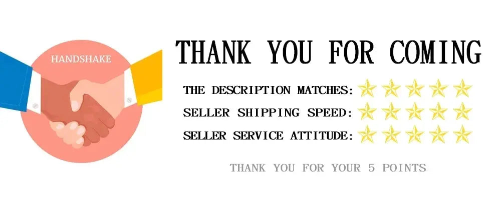 Thank you for coming banner with handshake illustration and five-star rating icons.