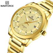 NAVIFORCE gold stainless steel men's wristwatch with date window, luxury quartz sports style