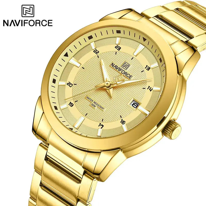 NAVIFORCE gold stainless steel men's wristwatch with date window, luxury quartz sports style