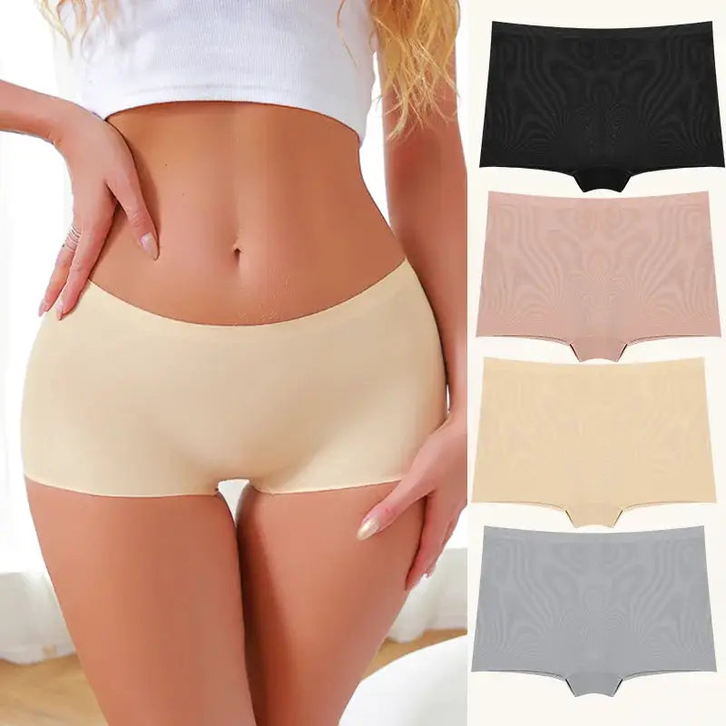 Women's seamless boxer briefs in beige; four color options shown (black, pink, beige, gray)