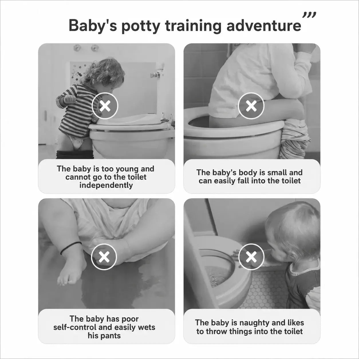 Simples Market children's toilet training stool; grayscale four-panel infographic showing potty training guidance.